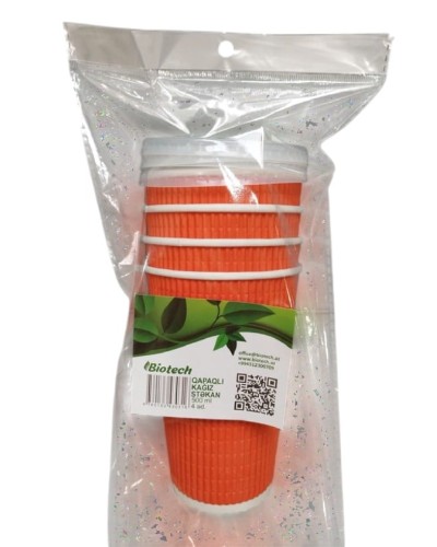 Birdəfəlik kağız stəkan dəsti Biotech, qapaq ilə, 500 ml, 4 əd