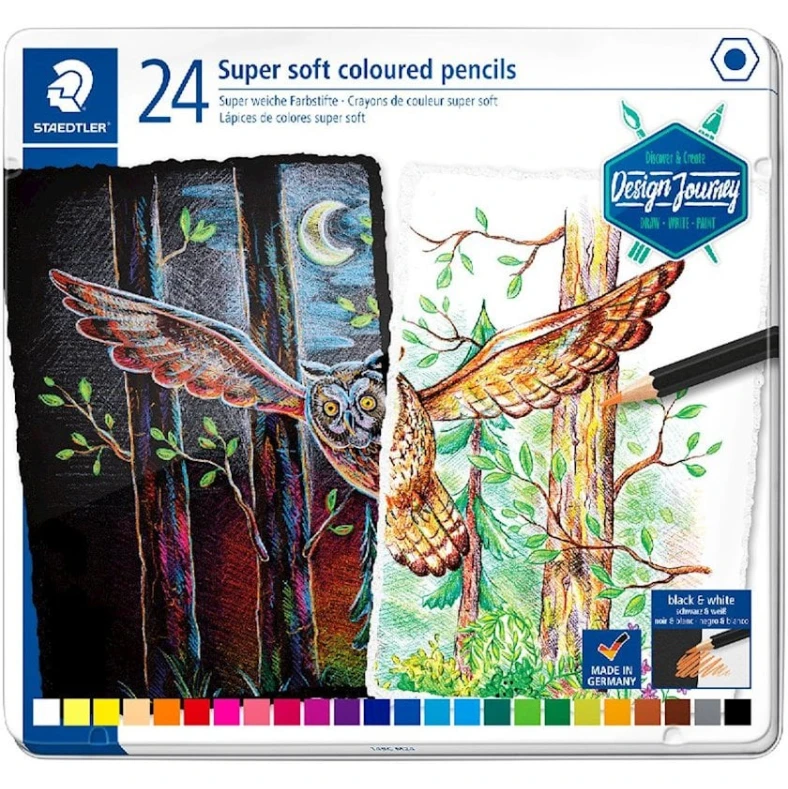 Набор цветных карандашей Staedtler Super Soft, 24 цвета, металлическая коробка Набор цветных карандашей Staedtler Super Soft, 24 цвета, металлическая коробка