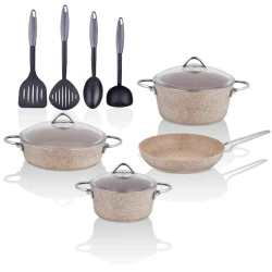 Qazan dəsti TAC Grand 4763, qranit, qapaqla, 11 parça, qəhvəyi