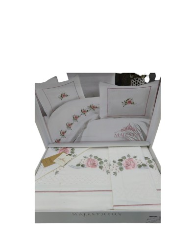 Yataq dəsti NV21 yorğan üzü 200x220 sm, mələfə 240x260 sm, 4 yastıq üzü 50x70 sm, pambıq, ağ/çəhrayı
