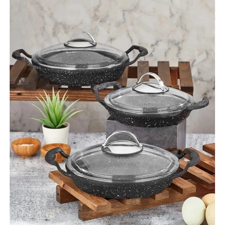 Набор сковородок с крышкой Sahan_22, 18/20/22 см, гранит, черный