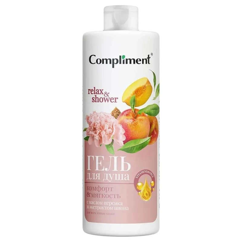 Duş geli Compliment Relax & Showers, şaftalı yağı və pion ekstraktı ilə, rahatlıq və yumşaqlıq, 400 ml