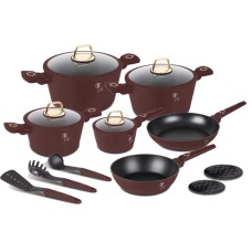 Qazan və tava dəsti Berlinger Haus Leonardo Collection BH-8051, 15 parça, alüminium, üçqatlı yapışmayan titan örtük, tünd qırmızı