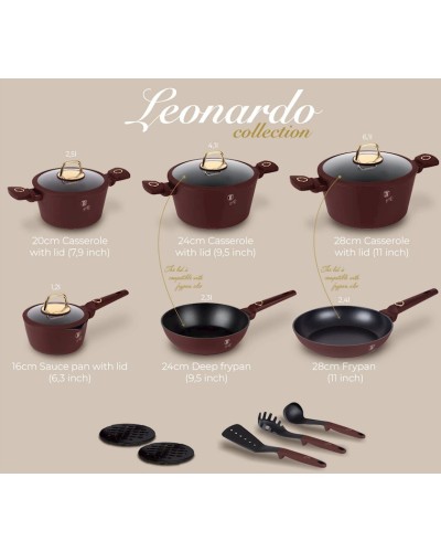 Qazan və tava dəsti Berlinger Haus Leonardo Collection BH-8051, 15 parça, alüminium, üçqatlı yapışmayan titan örtük, tünd qırmızı