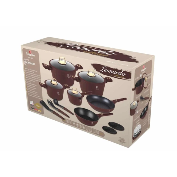 Набор кастрюль и сковородок Berlinger Haus Leonardo Collection BH-8051, 15 предметов, алюминий, трехслойное антипригарное титановое покрытие, бордовый Набор кастрюль и сковородок Berlinger Haus Leonardo Collection BH-8051, 15 предметов, алюминий, трехслойное антипригарное титановое покрытие, бордовый