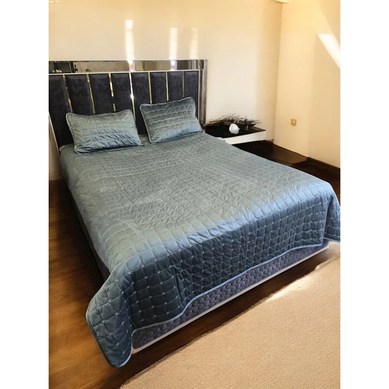 Набор с наволочками MiraNova 379, велюр/сатин, синий, покрывало 220x240 см, наволочки 50x70 см 2 шт