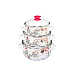 Набор кастрюль Керченская эмаль Ветка сакуры-1, 3 шт, 1500/2000/3000 мл, сталь, с крышкой, белый/черный Набор кастрюль Керченская эмаль Ветка сакуры-1, 3 шт, 1500/2000/3000 мл, сталь, с крышкой, белый/черный