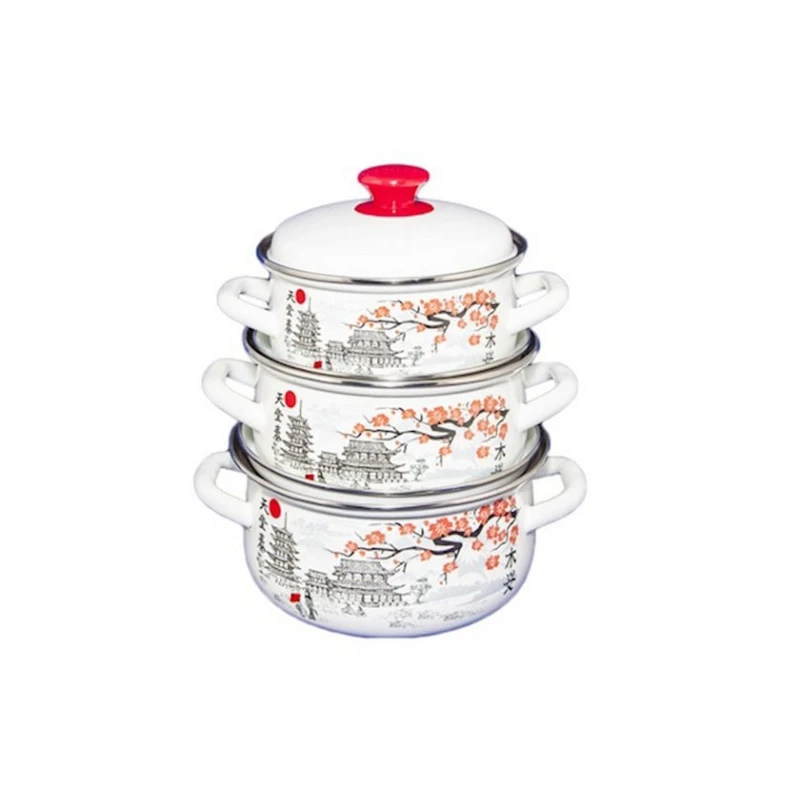 Набор кастрюль Керченская эмаль Ветка сакуры-1, 3 шт, 1500/2000/3000 мл, сталь, с крышкой, белый/черный