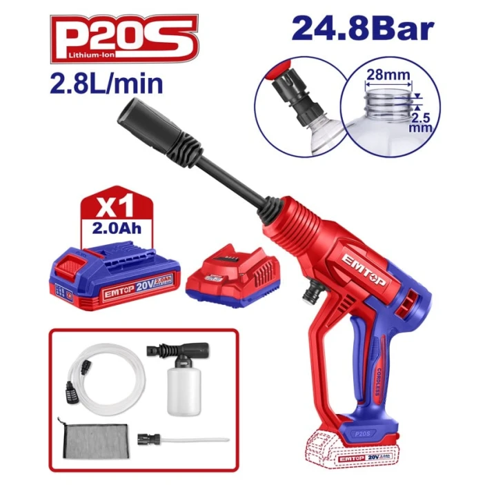 Yüksək təzyiqli yuyucu Emtop ELPW20362, 20V, 24.8 bar, 2.8 l/dəq, 2Ah batareya ilə Yüksək təzyiqli yuyucu Emtop ELPW20362, 20V, 24.8 bar, 2.8 l/dəq, 2Ah batareya ilə