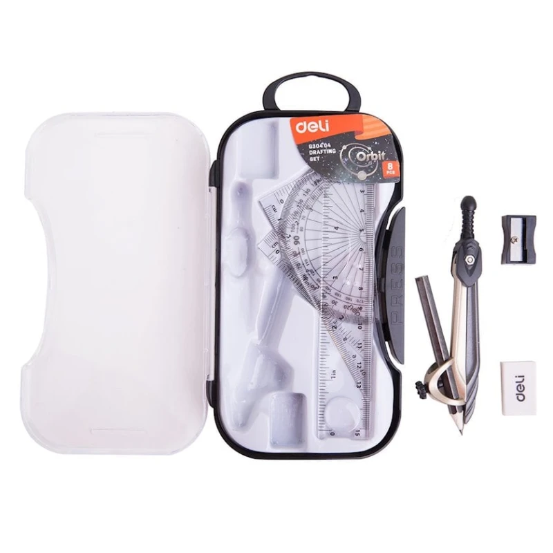 Готовальня Deli G30404, 8 предметов, 125 мм, черный/прозрачный