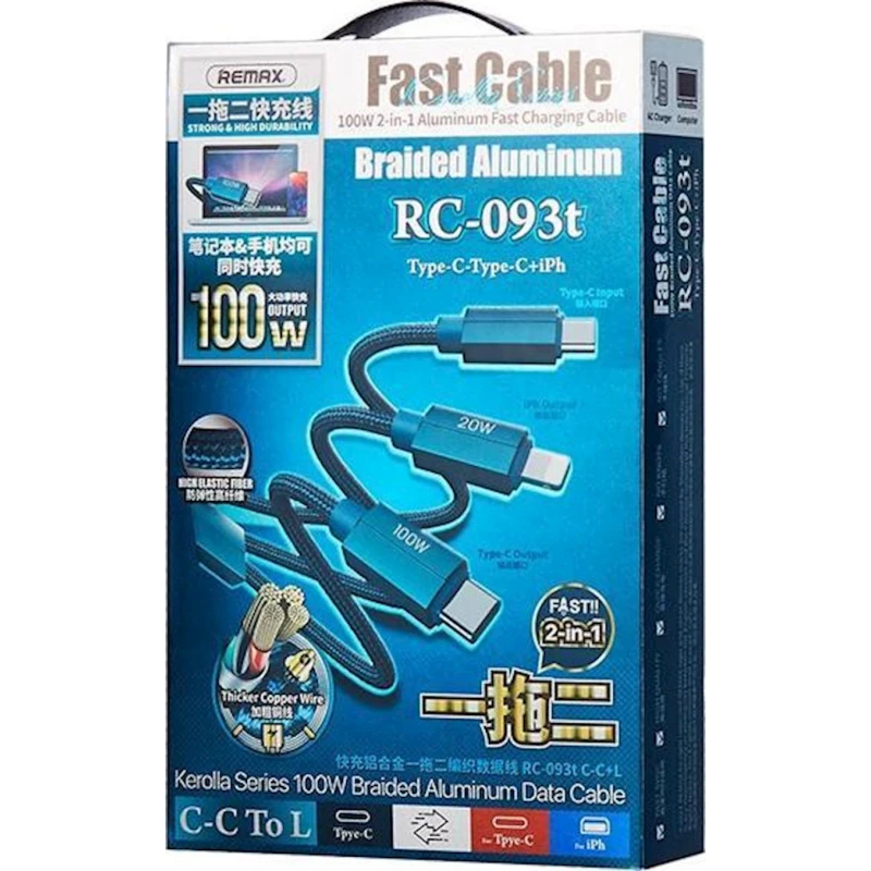 Кабель-разветвитель Remax RC-093th 2в1 Type-C(100W)&Lightning(20W), Blue