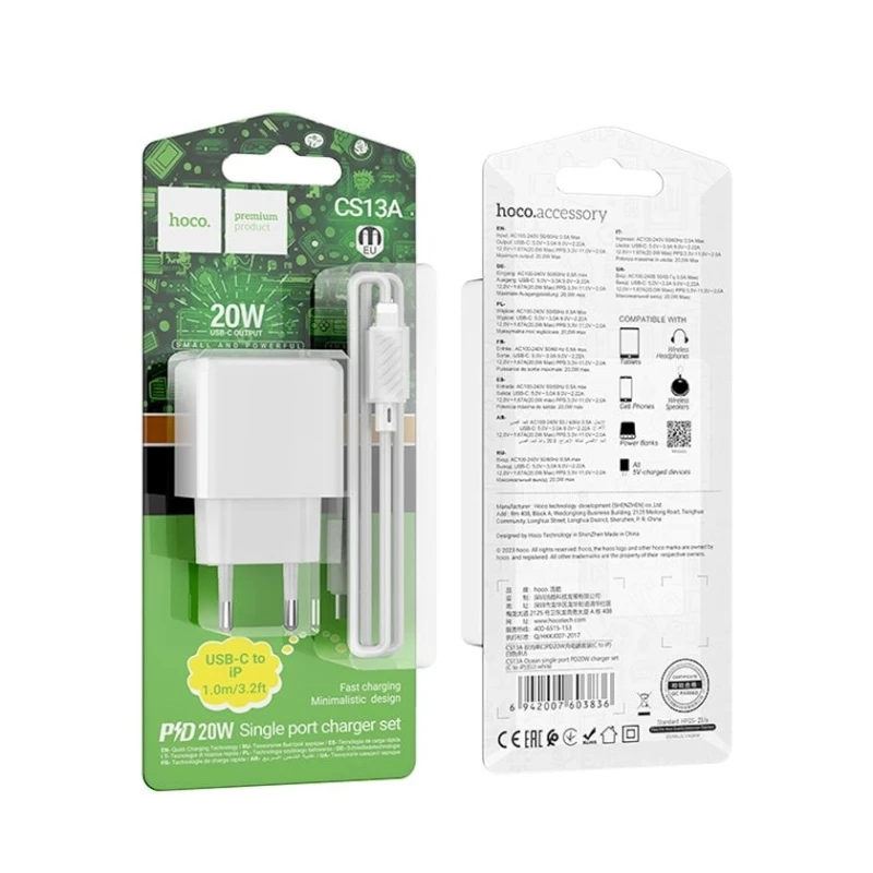 Şəbəkə enerji toplama cihazı Hoco CS13A 20W Type-C to Lightning, Ağ