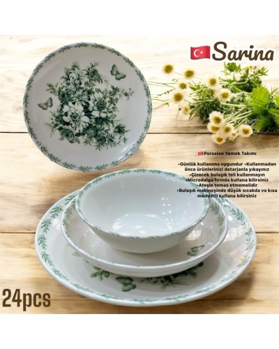 Süfrə qab-qacaq Sarina SHA-00006595, farfor, ağ, 6 nəfərlik, 24 ədəd