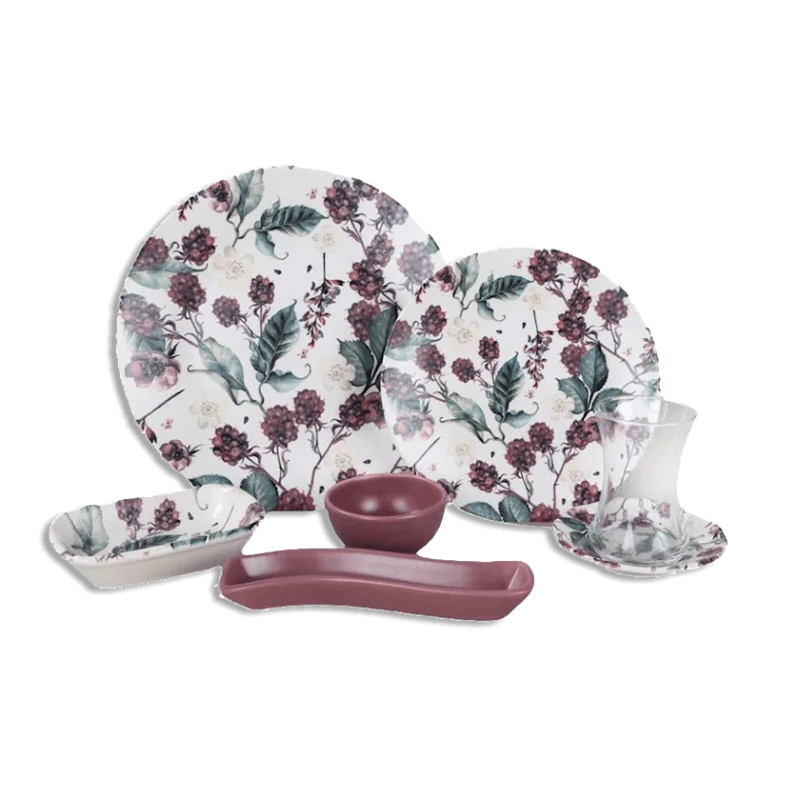 Səhər yeməyi dəsti Keramika Purple Raspberry Patterned, 4 nəfərlik, 19 əşya, rəngbərəng