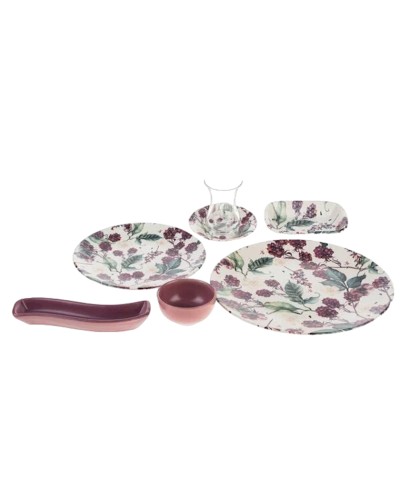 Səhər yeməyi dəsti Keramika Purple Raspberry Patterned, 4 nəfərlik, 19 əşya, rəngbərəng