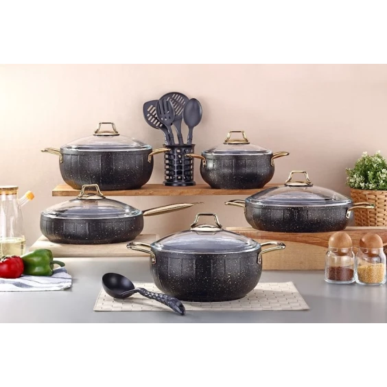 Набор посуды Bonera Florenza 4746, гранит, черный/золотистый, 10 предметов
