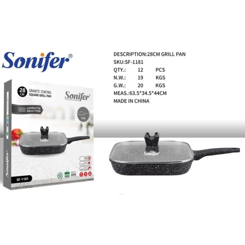 Сковорода Sonifer SF-1181, размер 28 см, Алюминий, Квадратная, Гриль, с крышкой, антипригарное покрытие, подходит для индукции