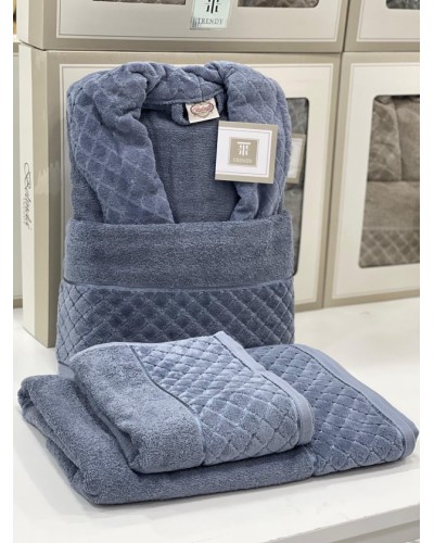 Hamam dəsti MiraNova SF-796, pambıq, göy, ölçü L/XL (hamam dəsmalı + üz dəsmalı + xələt)