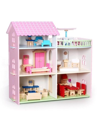 Oyun dəsti Three Story Wooden Dollhouse YD-8089, taxta, çəhrayı