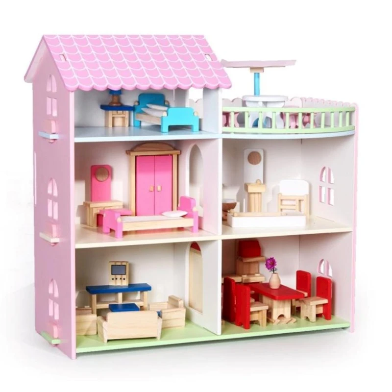 Oyun dəsti Three Story Wooden Dollhouse YD-8089, taxta, çəhrayı
