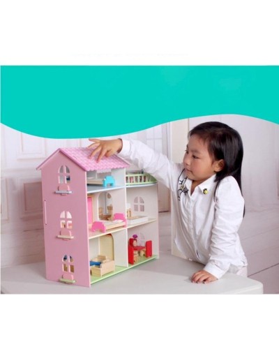 Oyun dəsti Three Story Wooden Dollhouse YD-8089, taxta, çəhrayı