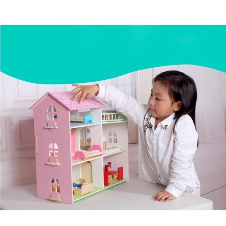 Oyun dəsti Three Story Wooden Dollhouse YD-8089, taxta, çəhrayı