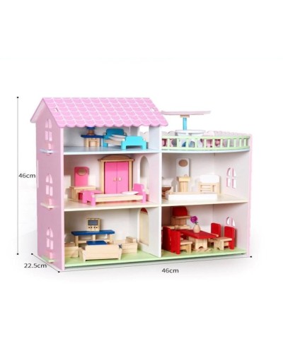 Oyun dəsti Three Story Wooden Dollhouse YD-8089, taxta, çəhrayı