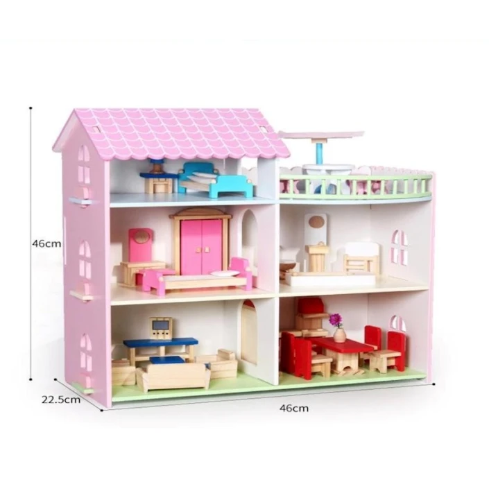 Oyun dəsti Three Story Wooden Dollhouse YD-8089, taxta, çəhrayı