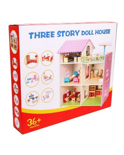 Oyun dəsti Three Story Wooden Dollhouse YD-8089, taxta, çəhrayı