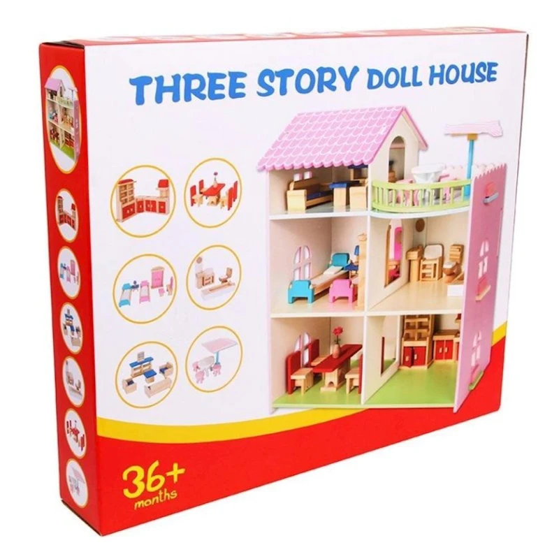 Oyun dəsti Three Story Wooden Dollhouse YD-8089, taxta, çəhrayı