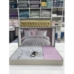 Комплект постельного белья Dantella Tekstil SHA-00001317, пододеяльник 200х220 см, простыня 240х260 см, наволочки 50х70 см, сатин, серый/розовый