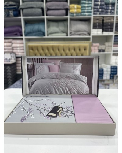 Yataq dəsti Dantella Tekstil SHA-00001318, yorğan üzü 200x220 sm, mələfə 240x260 sm, yastıq üzü 50x70 sm, satin, boz/çəhrayı