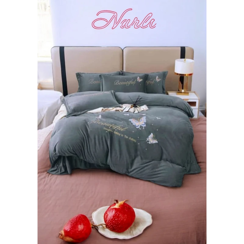 Комплект постельного белья Narlı 000305, пододеяльник 200x240 см, простыня 220x240 см, наволочка 50x70 см, авро, велюр, зеленый
