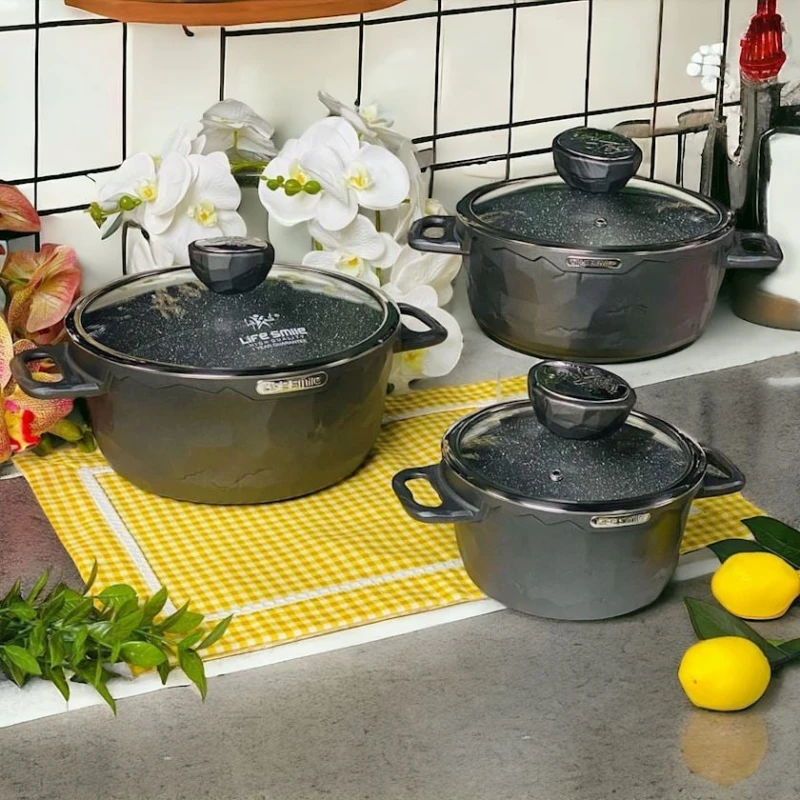 Набор кастрюль Life Smile LF-QZ-002, гранит, черный, 3 предмета Набор кастрюль Life Smile LF-QZ-002, гранит, черный, 3 предмета
