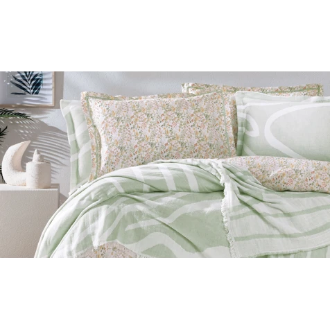 Комплект постельного белья Yataş Lenzy, двуспальный с европростыней, пододеяльник 200х220 см, простыня 240x260 см, 4 шт наволочки 50х70 см, плед-покрывало 230x240 см, хлопок, Adaçayı