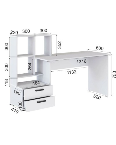 Yazı masası 3563_M2StolKomStelWh Ağ, LDSP, 110.5x41x165 sm