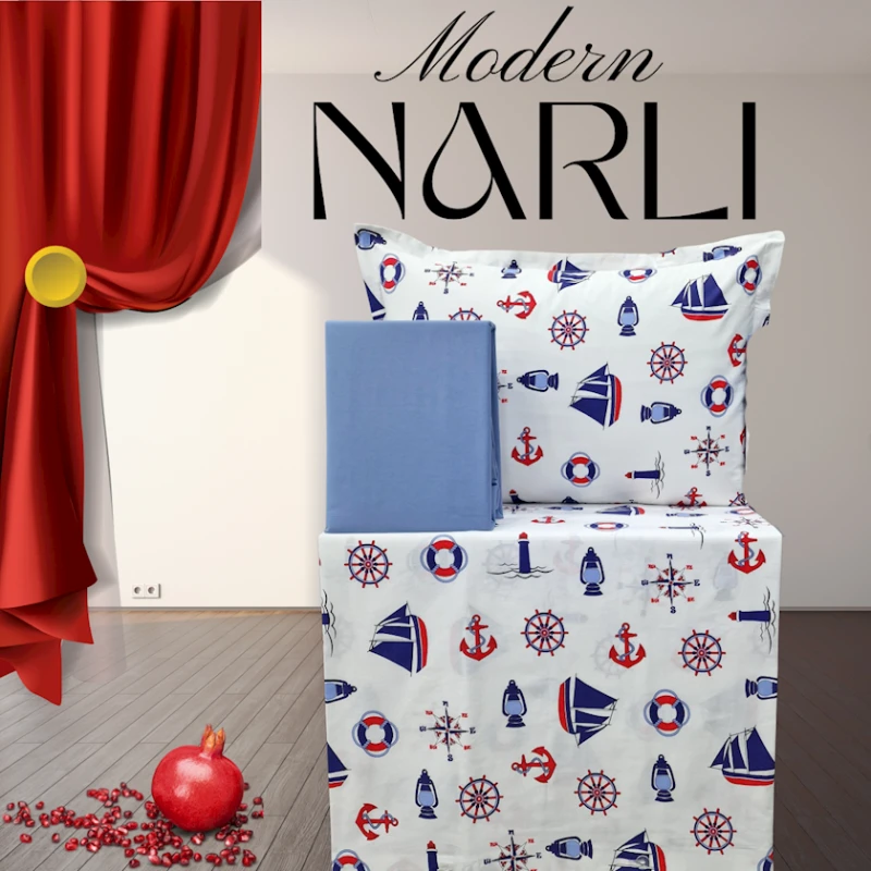 Комплект детского постельного белья Narlı 1033, пододеяльник 160x220 см, простыня 180x240 см, наволочка 50x70 см, односпальный, хлопок, белый/синий