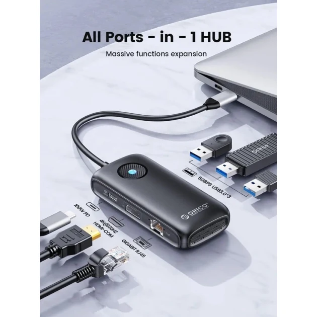 USB hub Orico PDD11-6PR-BK-EP 6-in-1 GLan, 3xUSB 3.0, PD 100W, HDMI 4K/30Hz