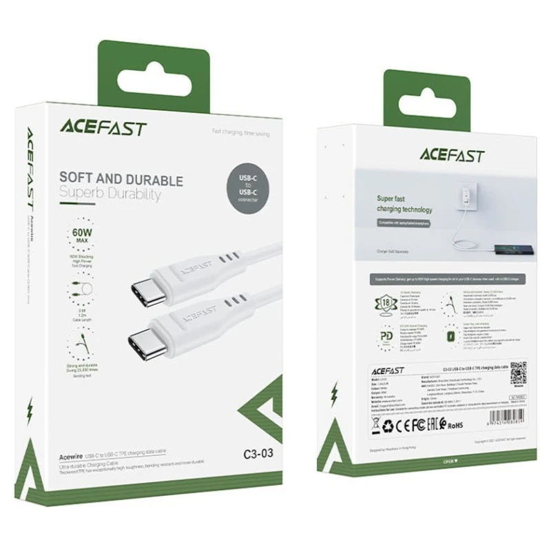 Кабель USB Acefast C3-03 Type-C to Type-C, Белый