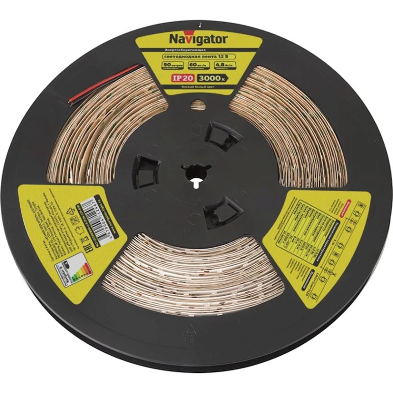 LED лента Navigator NLS-3528WW60, 4.8Вт, IP20, 60шт/м, 12V, 50000x8x3мм, теплый белый LED лента Navigator NLS-3528WW60, 4.8Вт, IP20, 60шт/м, 12V, 50000x8x3мм, теплый белый