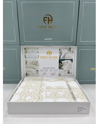 Yataq dəsti FIRST HOME Orkide, İnci, Menekşe, Manolya, Pandora, Fleur Satin, güpürlü, 100% pambıq, satin, ikinəfərlik, yorğan üzü 200x220 sm, çarşaf 250x250 sm, yastıq üzü 50x70 sm (2 əd) - TP-TK-227