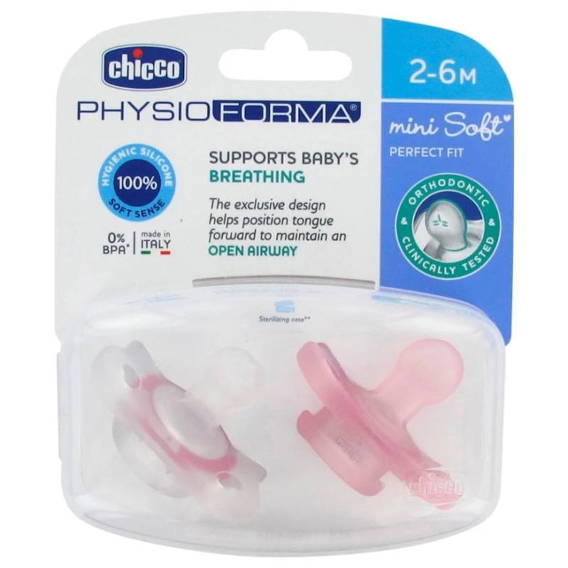 Набор пустышек Chicco Physio Forma Mini Soft Girl, 2-6 месяцев, силикон, 2 шт, розовый