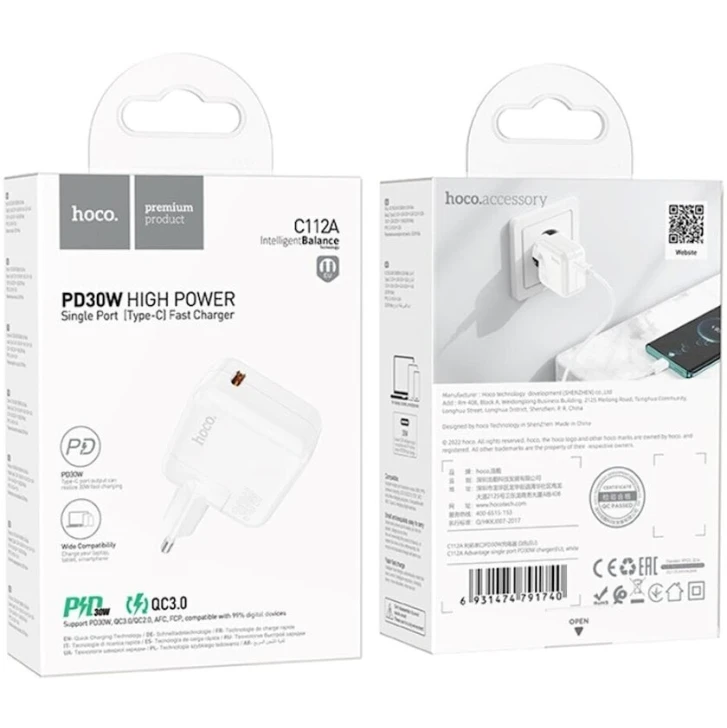 Şəbəkə enerji toplama cihazı Hoco C112A 30W Type-C ağ