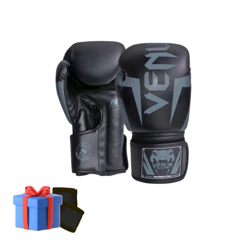 Боксерские перчатки Venum, 14 oz, размер XL, черные/серые + в подарок боксерский бинт