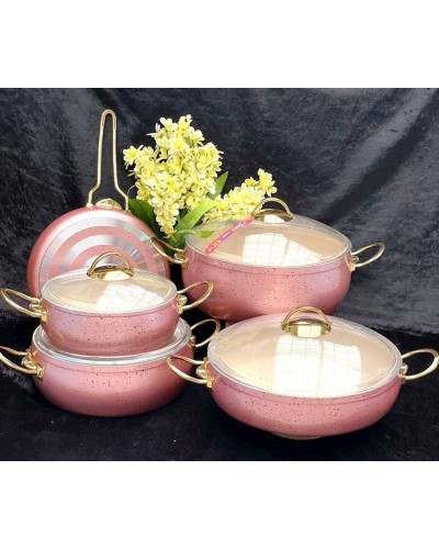 Qazan və tava dəsti PMT PP-MM-006, qranit, çəhrayı, 9 parça