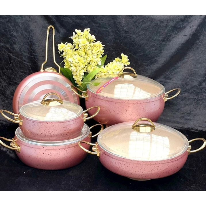 Набор кастрюль и сковородок PMT PP-MM-006, гранит, розовый, 9 предметов Набор кастрюль и сковородок PMT PP-MM-006, гранит, розовый, 9 предметов