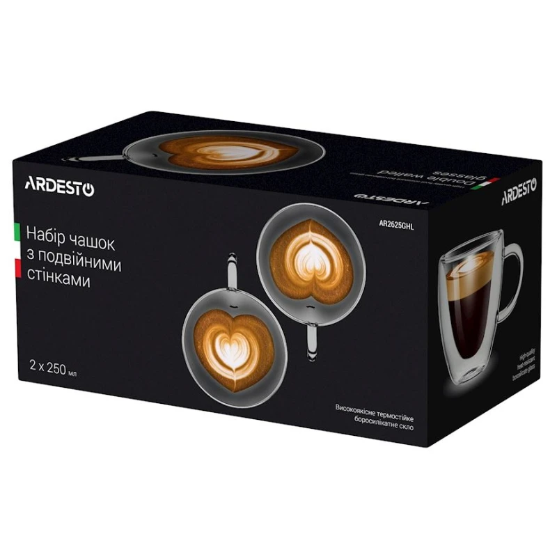 Набор чашек Ardesto AR2625GHL с двойными стенками для латте, 2 шт, 250 мл, боросиликатное стекло, прозрачный Набор чашек Ardesto AR2625GHL с двойными стенками для латте, 2 шт, 250 мл, боросиликатное стекло, прозрачный