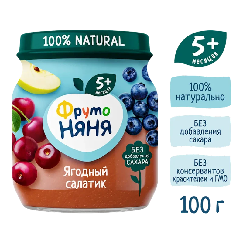 Фруктово-ягодное пюре ФрутоНяня Ягодный салатик, 100 г Фруктово-ягодное пюре ФрутоНяня Ягодный салатик, 100 г