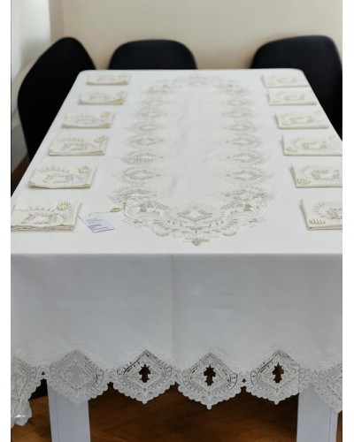 Süfrə FIRST HOME Lux Hayal, kətan, 160x260 sm, 8 nəfərlik, 12 salfetka 35x35 sm, 12 üzük, 1 orta runer 40x170 sm - TP-TK-001