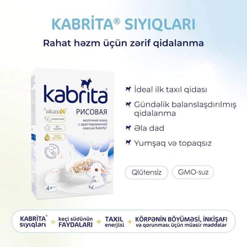 Sıyıq Kabrita Düyü keçi südündə, 4 aydan, 180 q (8716677006369). Sıyıq Kabrita Düyü keçi südündə, 4 aydan, 180 q (8716677006369).